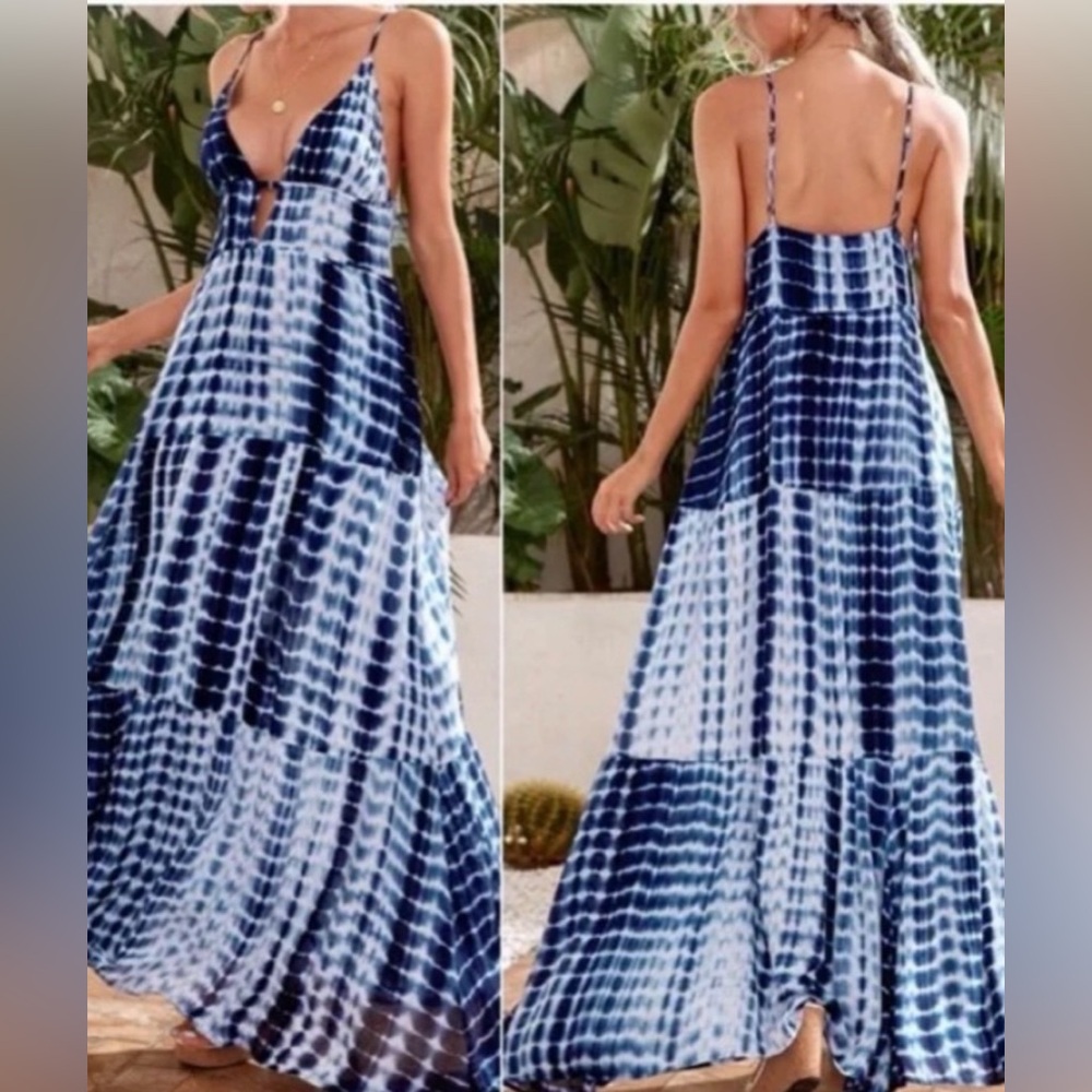 SHEIN Navy and White Tie-Dye Maxi Dress with Spaghetti Straps in size XSmall